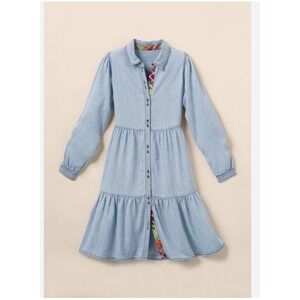 Matilda Jane Light Wash Denim Tiered Button Front Shirt Dress Long Sleeve Collar